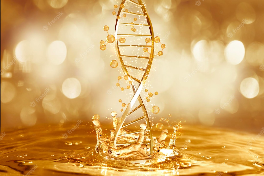 Golden DNA double helix rising from liquid gold